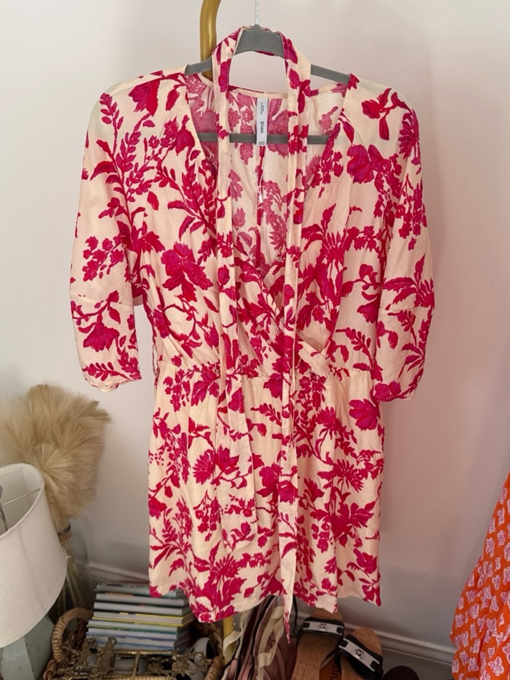 Cream and Fuchsia Floral Wrap Dress